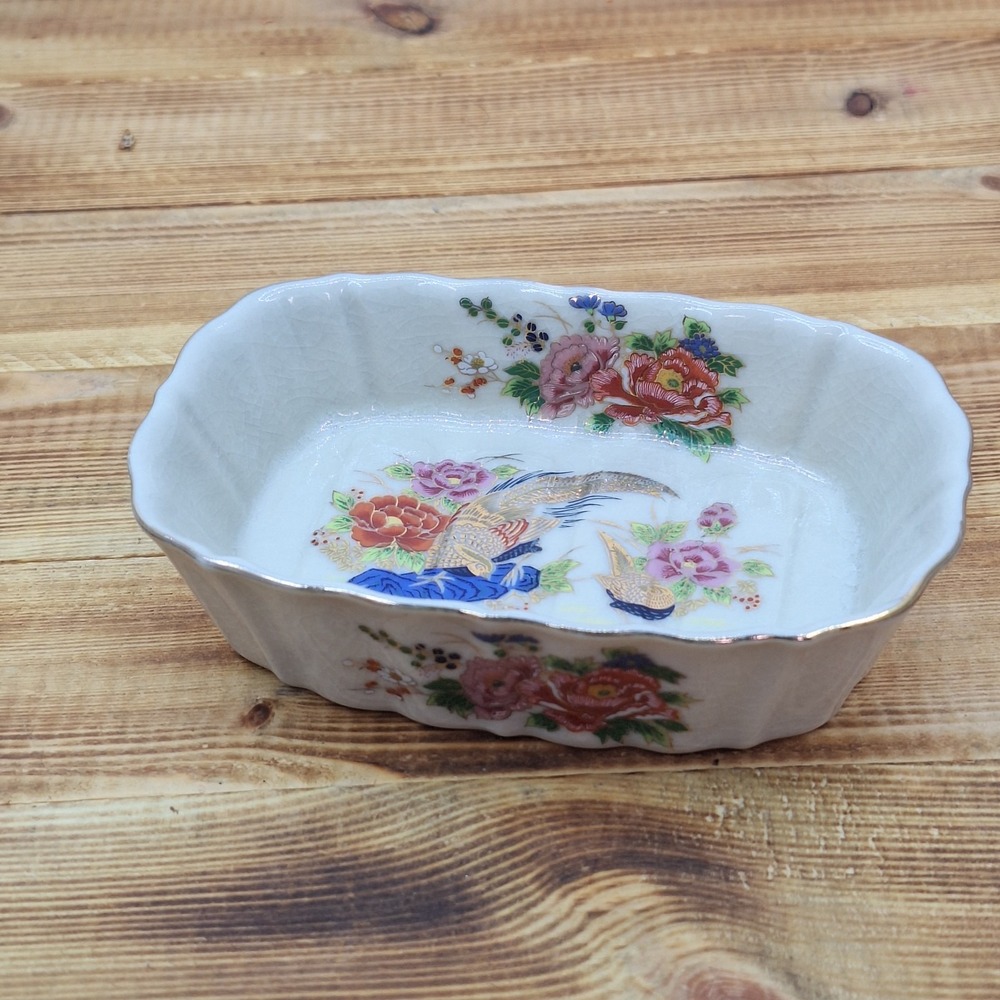 Vintage Japan Floral Soap Dish Gold Trim Peacock Ceramic Bathroom 5.5x3.25in